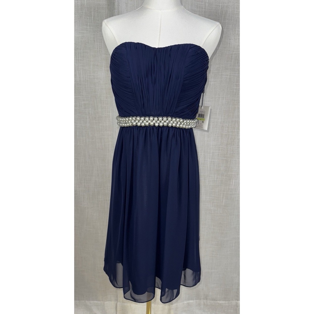 NWT Calvin Klein Size 4 Navy Blue Strapless Chiffon‎ Dress Formal Pearl Beaded
